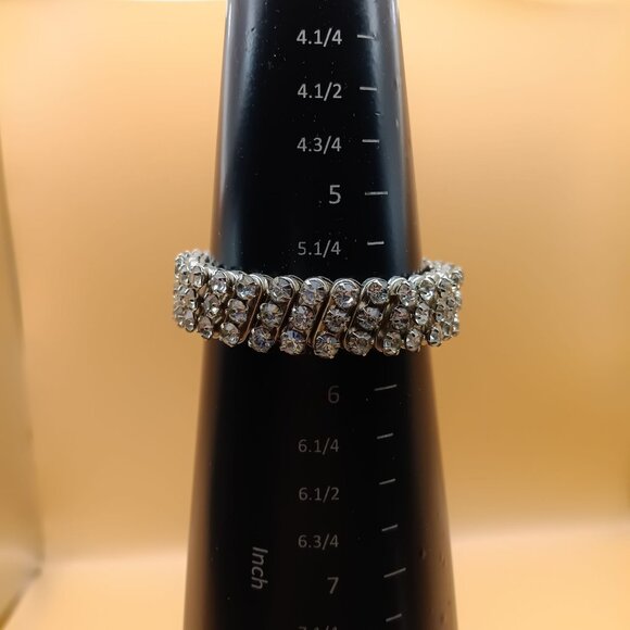 Vintage Expandable Bracelet, 3 Row Crystal Bling Stretch Bangle, Silver Tone - Picture 5 of 5